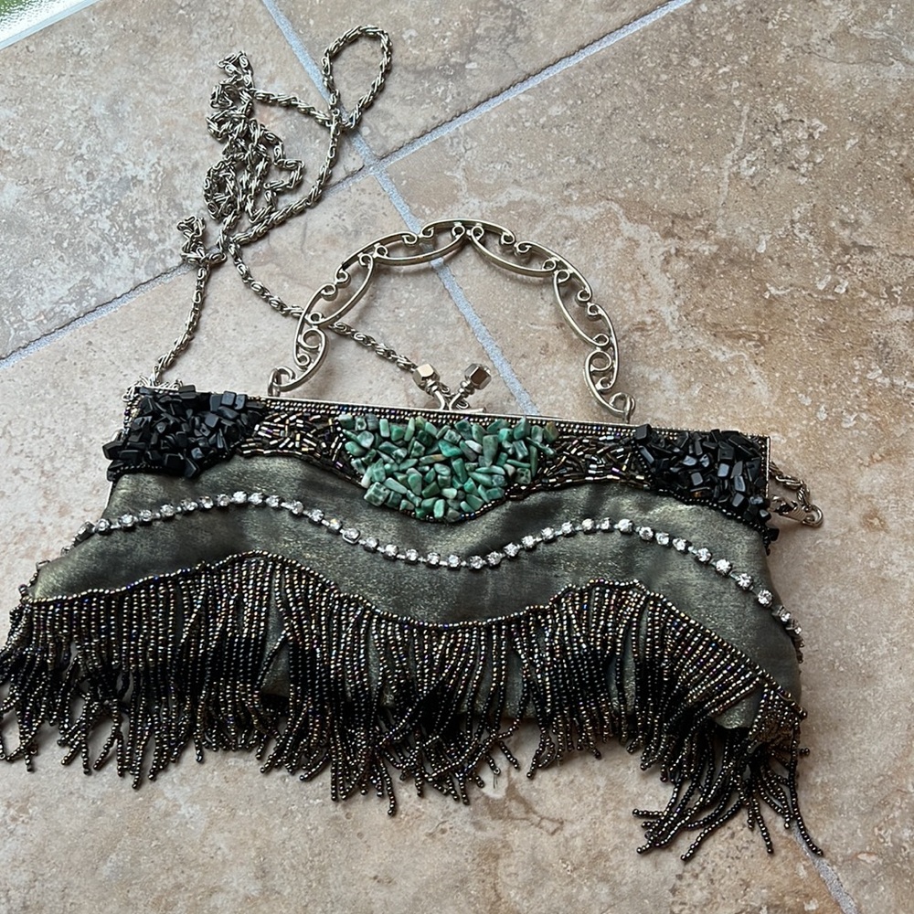 Beaded satin evening crossbody or hand bag; rhinestones and stone embellishments